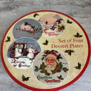 4pc Vintage Christmas  Designs Dessert Appetizer Plates 8" W/ Storage Box